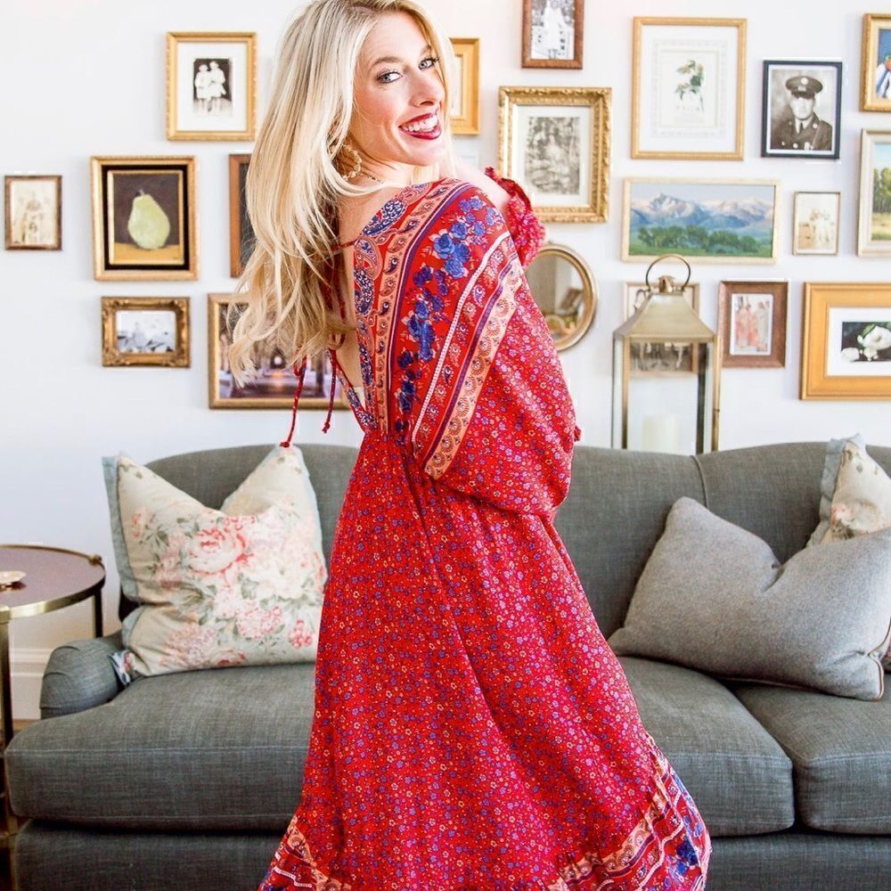 Umgee Boho Summer Red Floral Midi Dress NWT